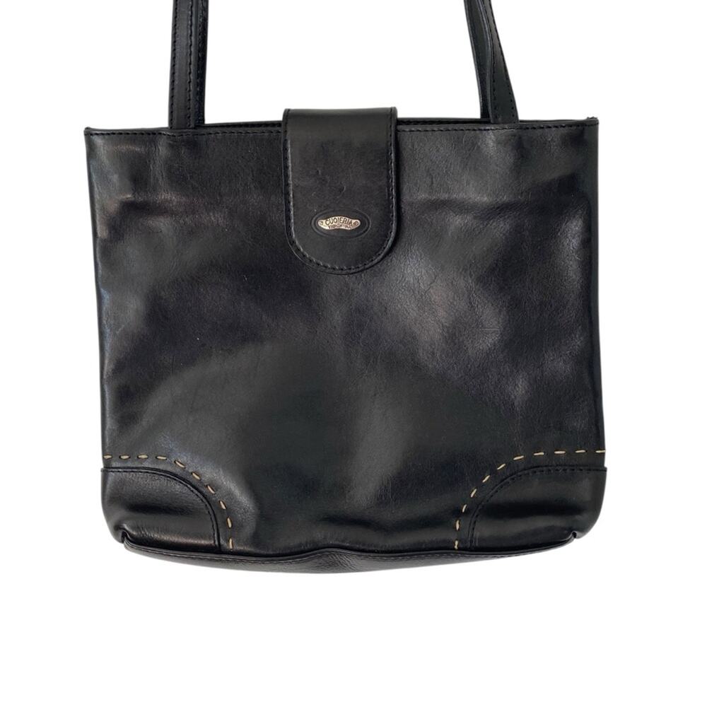Cuoiera Fiorentina Smooth Black Leather Double Strap Purse Top Stitch Shoulder